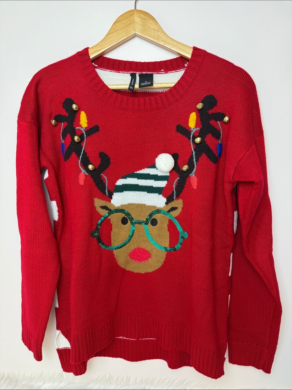 NWOT new directions Ugly Christmas Red Reindeer Crewneck Sweater w/ Jingle Bells